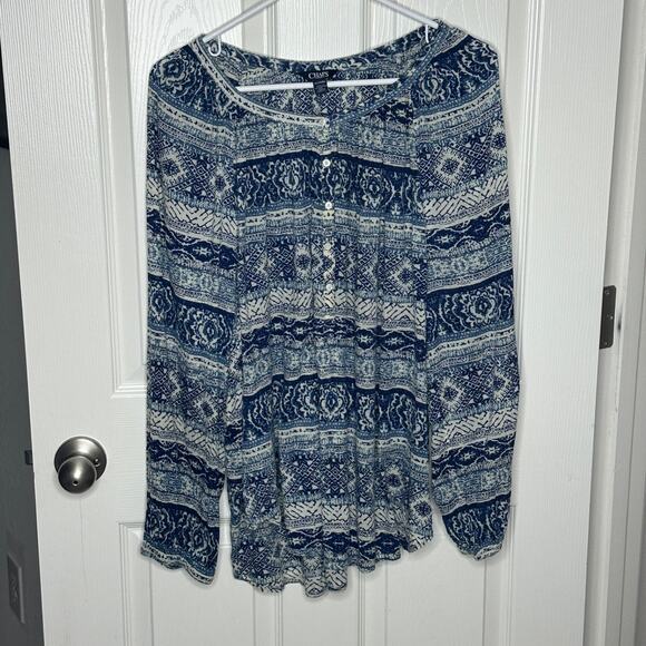 chaps boho patchwork aztec peasant blouse blue white xl - Picture 2 of 6